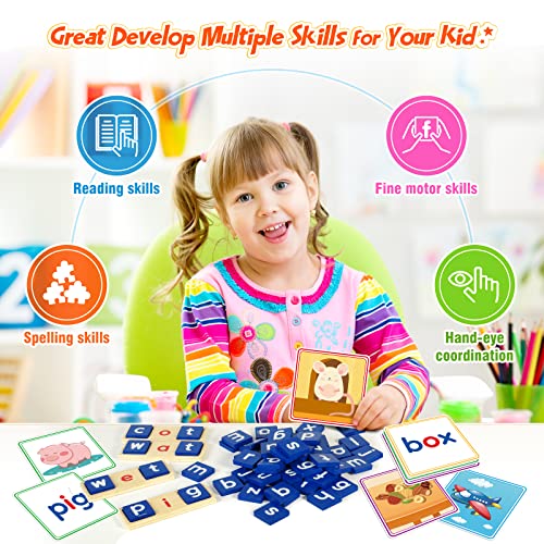 Learning Toys for 3 4 5 Years Old Kids - 116Pcs Short Vowel Letters Sorting Spelling Reading Toy Set with Double-Sided Flash Cards, Preschool Kindergarten Learning Activities Toy for Boys Girls