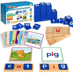 Learning Toys for 3 4 5 Years Old Kids - 116Pcs Short Vowel Letters Sorting Spelling Reading Toy Set with Double-Sided Flash Cards, Preschool Kindergarten Learning Activities Toy for Boys Girls