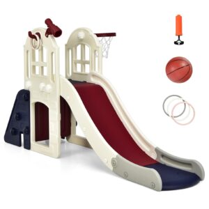 BABY JOY Toddler Large Slide, 6 in 1 Slide for Kids with Basketball Hoop, Ring Toss, 2 in 1 Convertible Climbing Way, Freestanding Kids Slide Climber Set for Indoors Outdoor Boys Girls Gifts Present