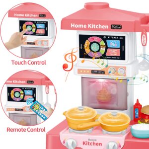 LZZAPJ Kids Play Kitchen Playset, Toy Kitchen with Remote Control Lights and Music,Pretend Steam and Play Sink, Pink Kitchen Accessories Set for Kid, Toddler Birthday for Boy Girls