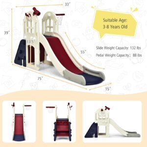 BABY JOY Toddler Large Slide, 6 in 1 Slide for Kids with Basketball Hoop, Ring Toss, 2 in 1 Convertible Climbing Way, Freestanding Kids Slide Climber Set for Indoors Outdoor Boys Girls Gifts Present