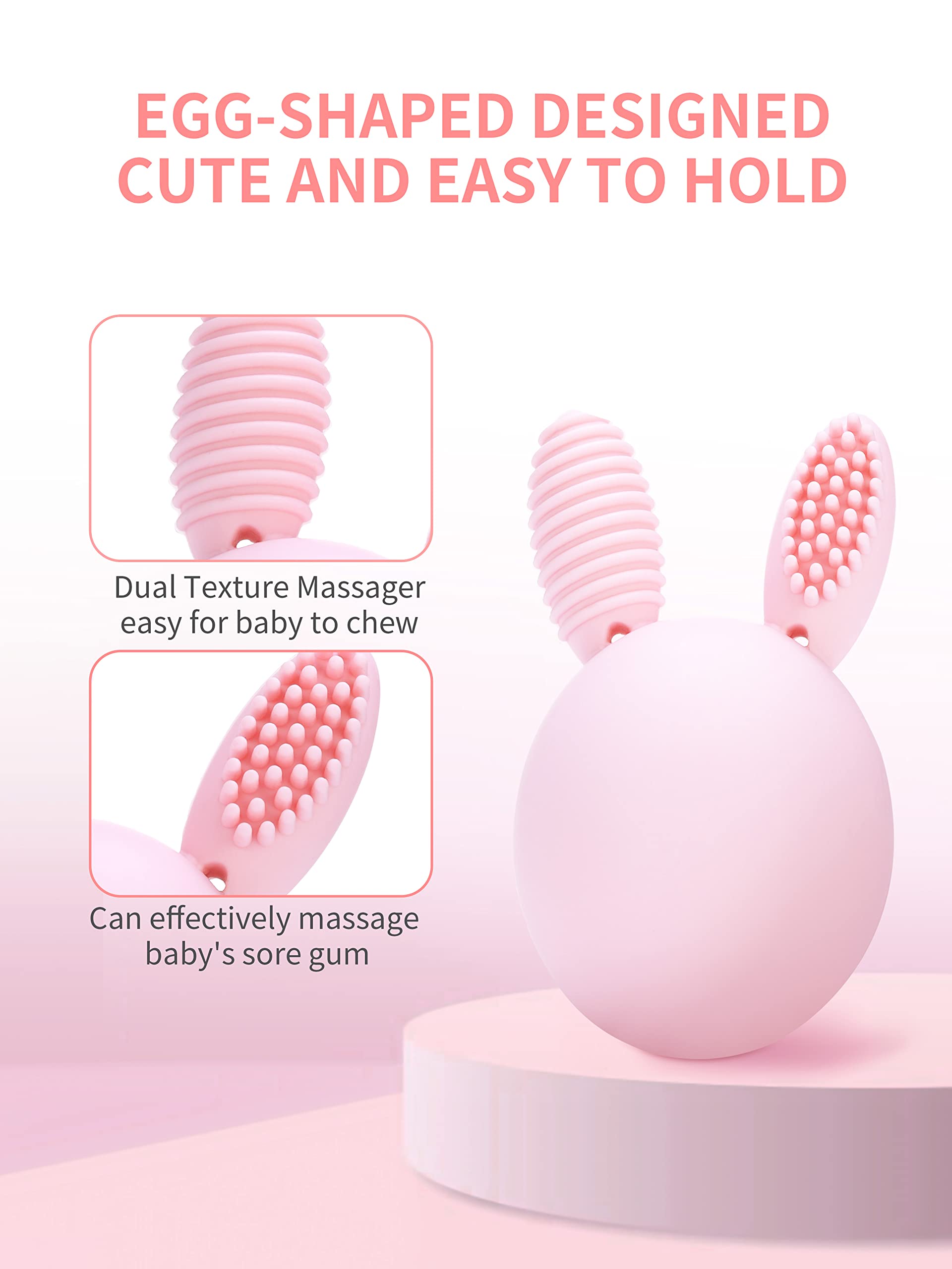 Bunny Eggy Teether Baby Teething Toy Rabbit Egg Rattle Toy Teething Pain Relief for Babies Boys Girls - Pink