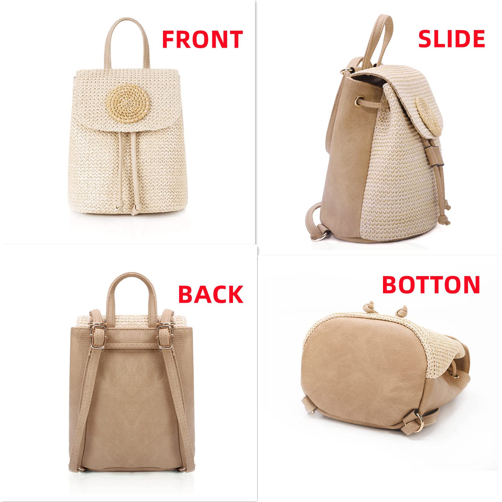 Anopo Small Straw Backpack for Women Summer Handmade Woven Beach Bag Bookbag Daypack Wicker Purse Bohomian Drawstring Shoulder Bag-L Rattan-Beige