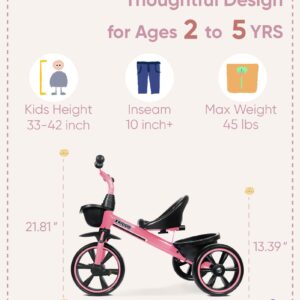 KRIDDO Tricycle for 2-5 Year Olds - Pink Toddler Trike With Gift for 24 Month to 4 Year Old Girls