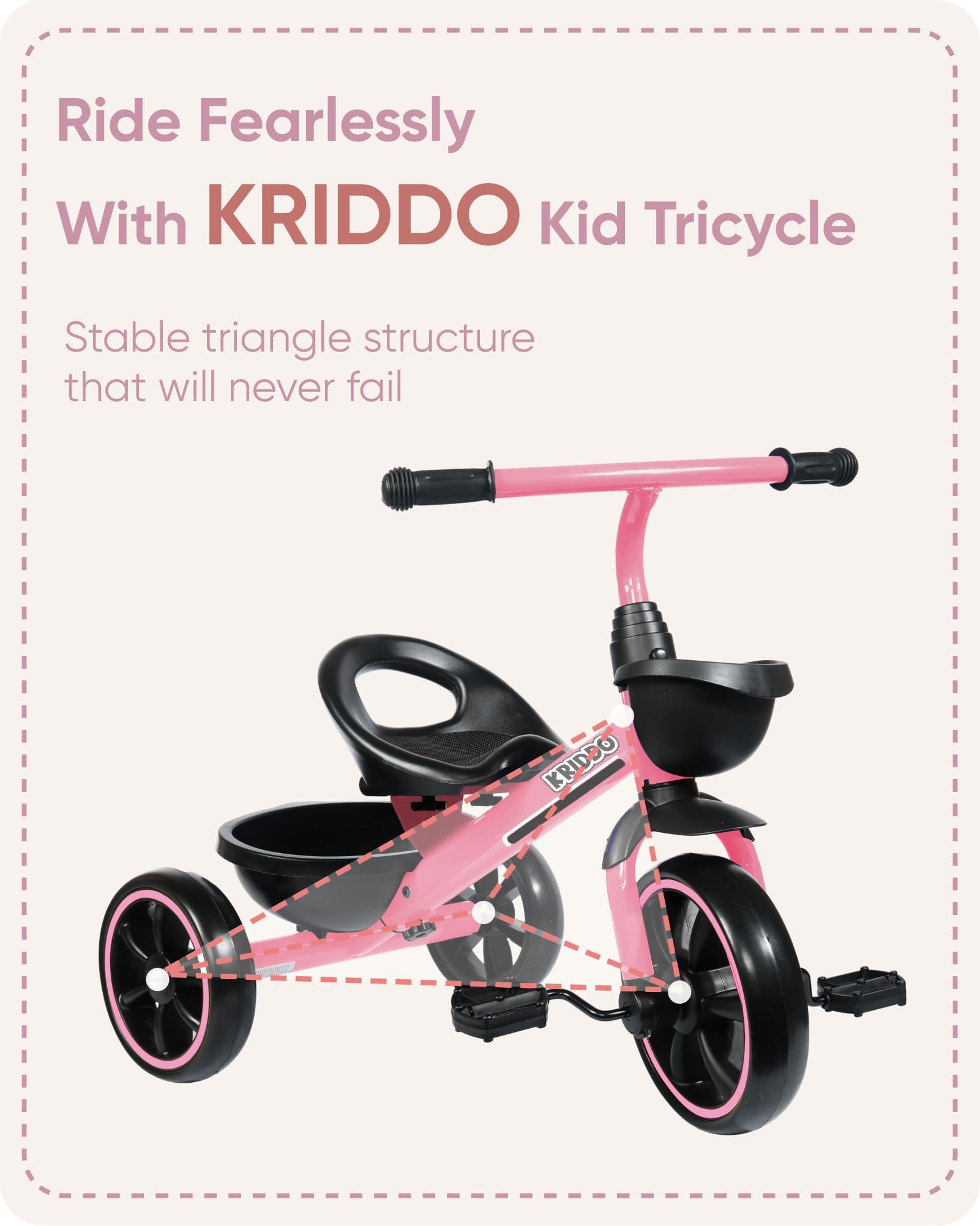 KRIDDO Tricycle for 2-5 Year Olds - Pink Toddler Trike With Gift for 24 Month to 4 Year Old Girls