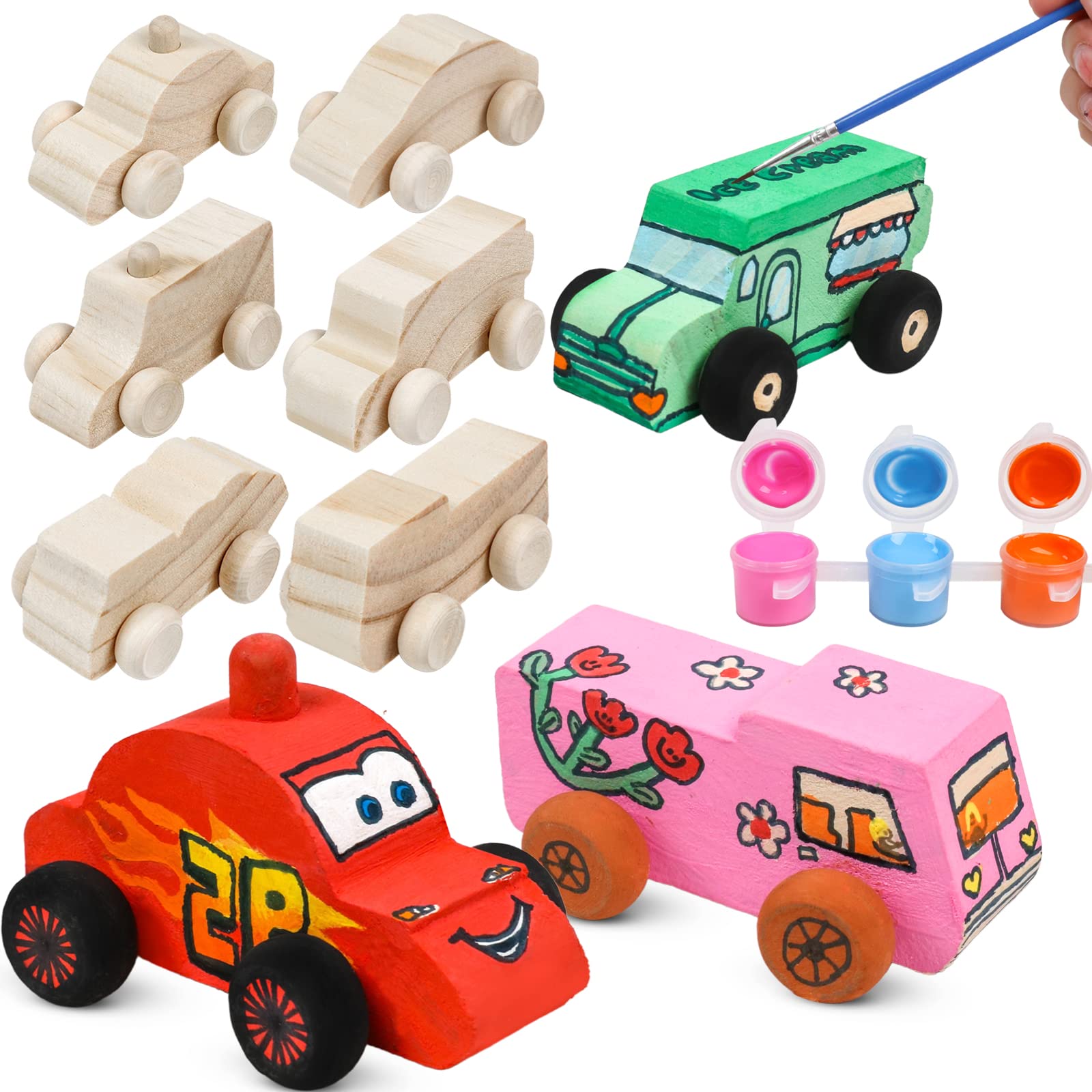 SHAPGEI 12 Pieces Wood DIY Car Toys Unfinished Wooden Cars Paintable Wood Car Blocks Crafts for Students Home Activities Easy Woodworking and Family Time Set for 3 4 5 Years Old Boys Girls