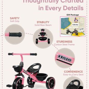 KRIDDO Tricycle for 2-5 Year Olds - Pink Toddler Trike With Gift for 24 Month to 4 Year Old Girls