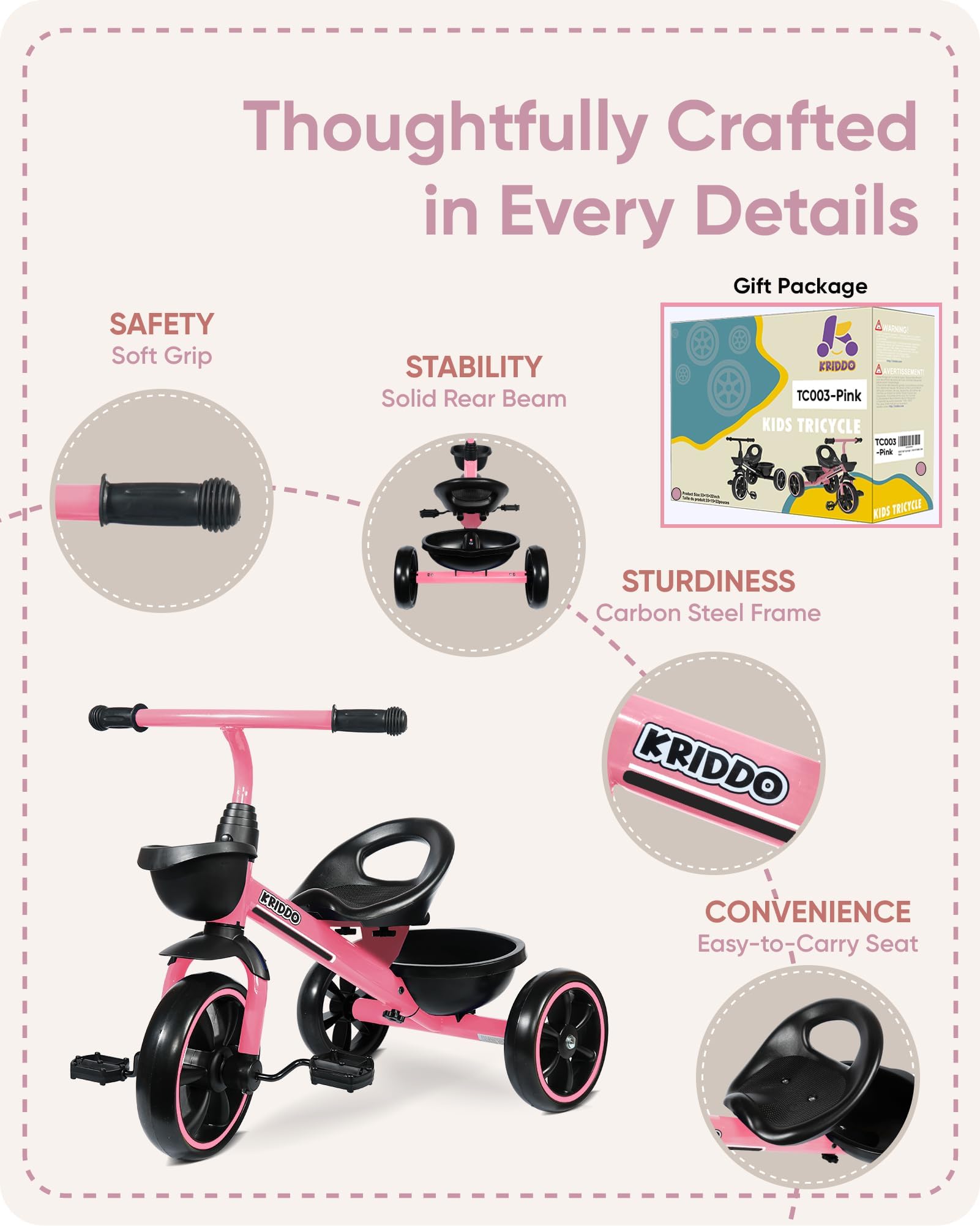 KRIDDO Tricycle for 2-5 Year Olds - Pink Toddler Trike With Gift for 24 Month to 4 Year Old Girls