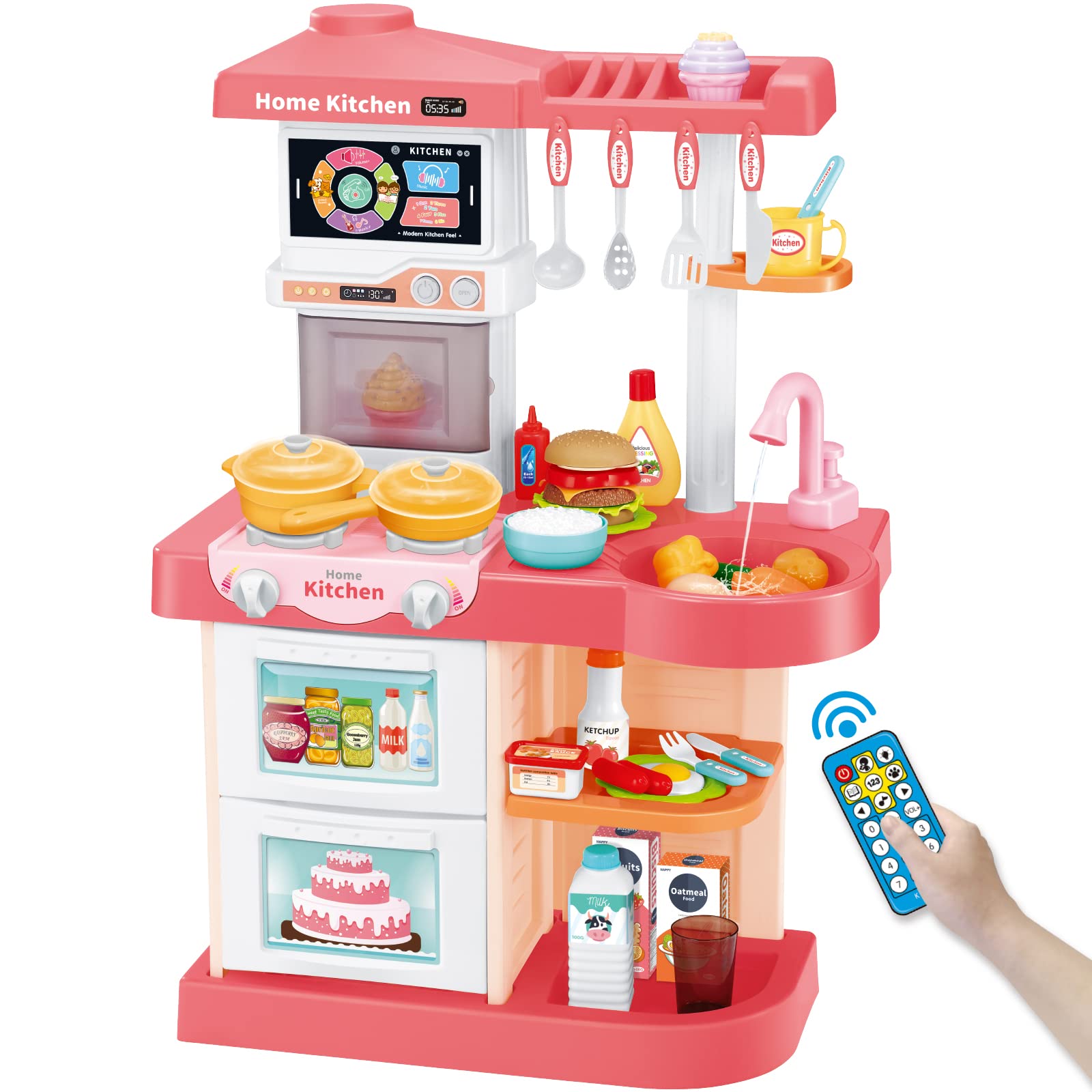 LZZAPJ Kids Play Kitchen Playset, Toy Kitchen with Remote Control Lights and Music,Pretend Steam and Play Sink, Pink Kitchen Accessories Set for Kid, Toddler Birthday for Boy Girls