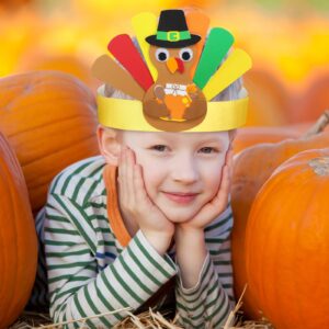 Winlyn 24 Sets Thanksgiving Turkey Headbands Fall Thanksgiving Craft Kits DIY Turkey Hats with Fall Leaf Pumpkin Turkey Feather Foam Stickers Googly Eyes Art Sets for Kids Party Classroom Activities