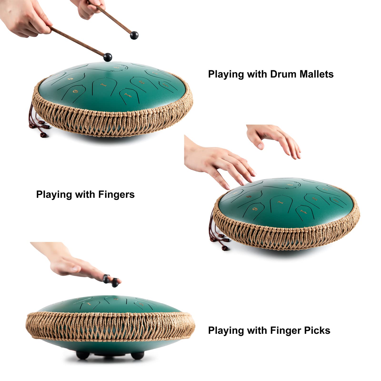 Steel Tongue Drum - HOPWELL 15 Note 14 Inch Tongue Drum - Hand Pan Drums with Music Book, Steel Handpan Drum Mallets and Carry Bag, D Major (Green)