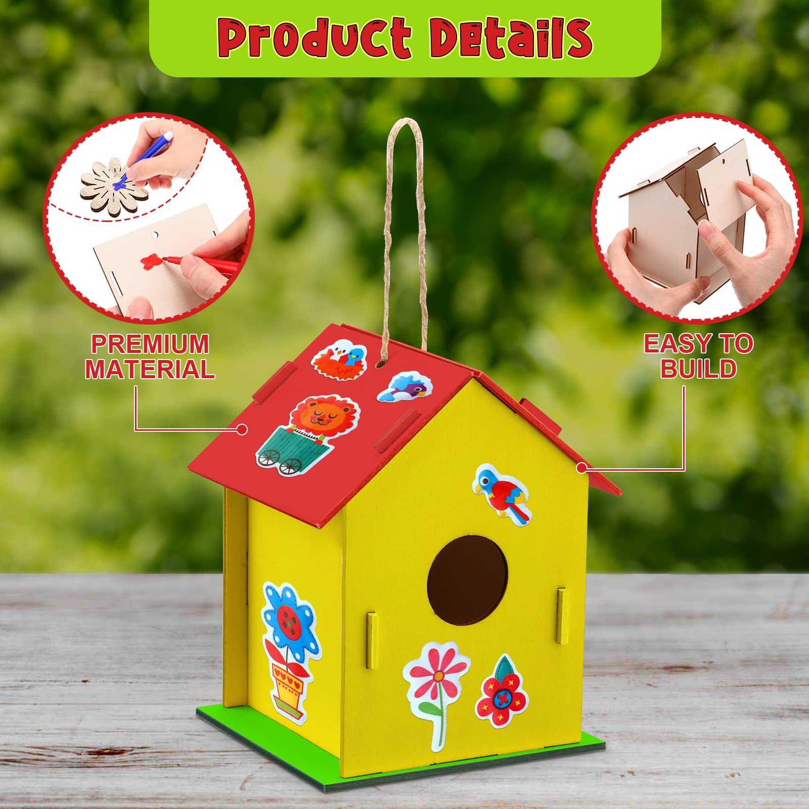 107 Pcs Wooden Birdhouse DIY Kits, Includes 21 Unfinished Wood Mini Bird House 24 Watercolor Pen 50 Bird Butterfly Flower Slices 12 Cute Animal Stickers for Kids Adults DIY Craft Making Supplies