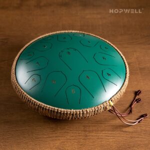 Steel Tongue Drum - HOPWELL 15 Note 14 Inch Tongue Drum - Hand Pan Drums with Music Book, Steel Handpan Drum Mallets and Carry Bag, D Major (Green)