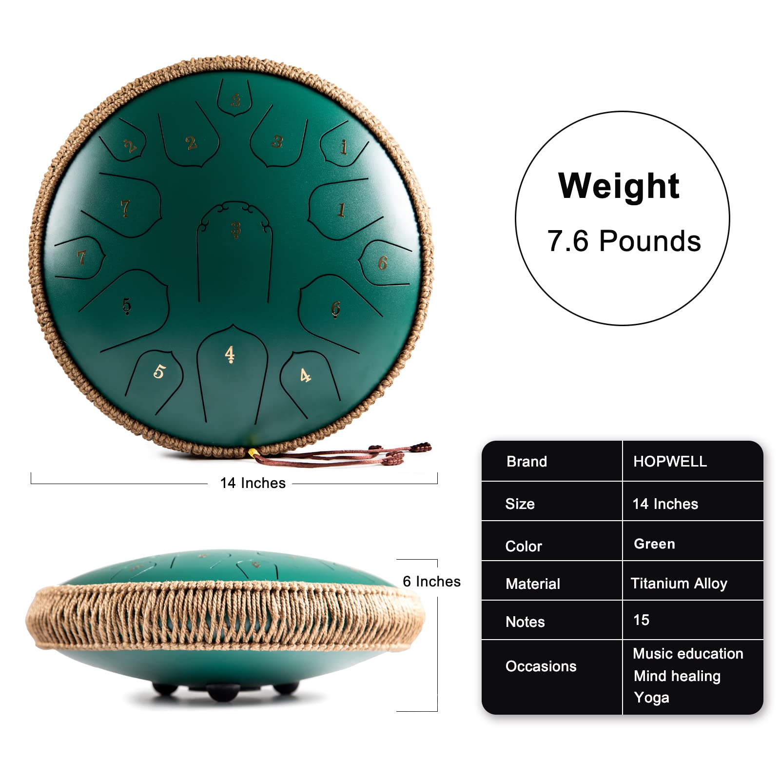 Steel Tongue Drum - HOPWELL 15 Note 14 Inch Tongue Drum - Hand Pan Drums with Music Book, Steel Handpan Drum Mallets and Carry Bag, D Major (Green)