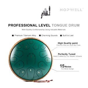 Steel Tongue Drum - HOPWELL 15 Note 14 Inch Tongue Drum - Hand Pan Drums with Music Book, Steel Handpan Drum Mallets and Carry Bag, D Major (Green)