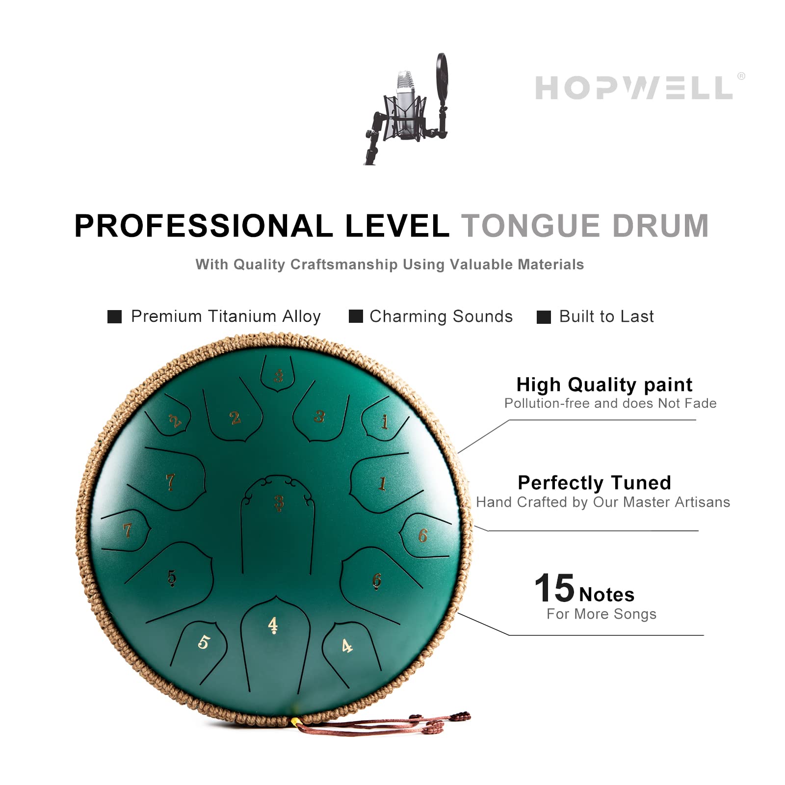 Steel Tongue Drum - HOPWELL 15 Note 14 Inch Tongue Drum - Hand Pan Drums with Music Book, Steel Handpan Drum Mallets and Carry Bag, D Major (Green)