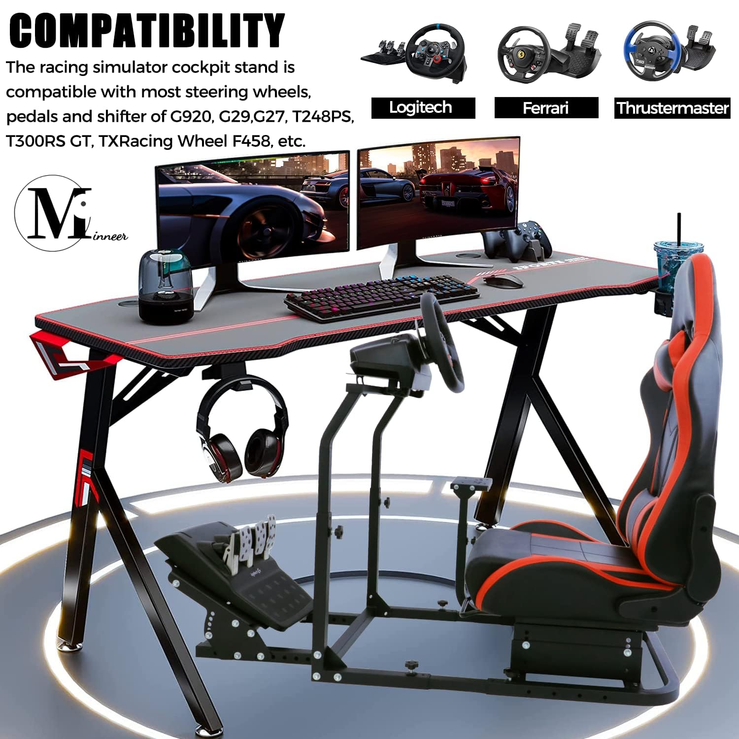 Minneer Driving Simulator Cockpit Superstable Mount Match Seat Fit for Logitech/Thrustmaster/Fanatec G29/G920/G923/G27/T248/TX Racing Steering Wheel Stand(Seat, Wheel, Pedals, Handbrake Not Included