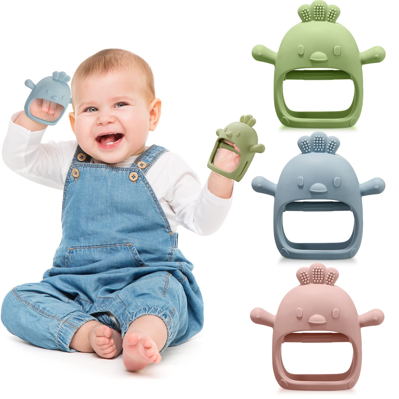 3 Pack Baby Teether Teething Toys for Babies 0-6 Months Baby Teething Toy Silicone Anti Dropping Infant Hand Teether Pacifiers Wrist Hand Chew Toys for Sucking Needs (Blue, Green, Flesh Pink, Chick)