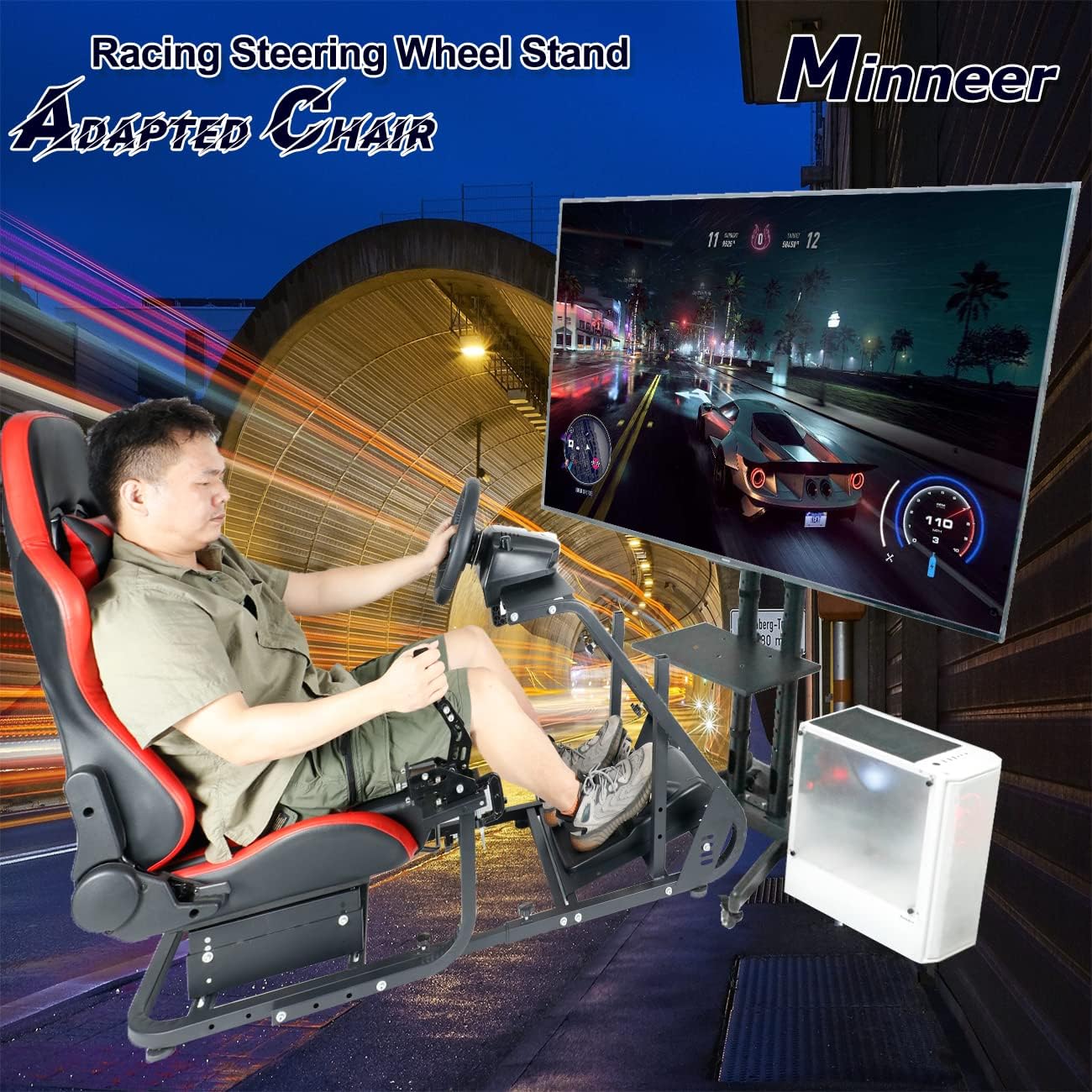 Minneer Adapt TV Stand Racing Simulator Cockpit Fit for G29/G920/G923/T248/T300/TS/TX Racing wheel, Reinforced Gaming Steering Wheel Mount Expandable (Seat, Wheel, Pedal, Handbrake Not Included