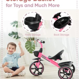 KRIDDO Tricycle for 2-5 Year Olds - Pink Toddler Trike With Gift for 24 Month to 4 Year Old Girls