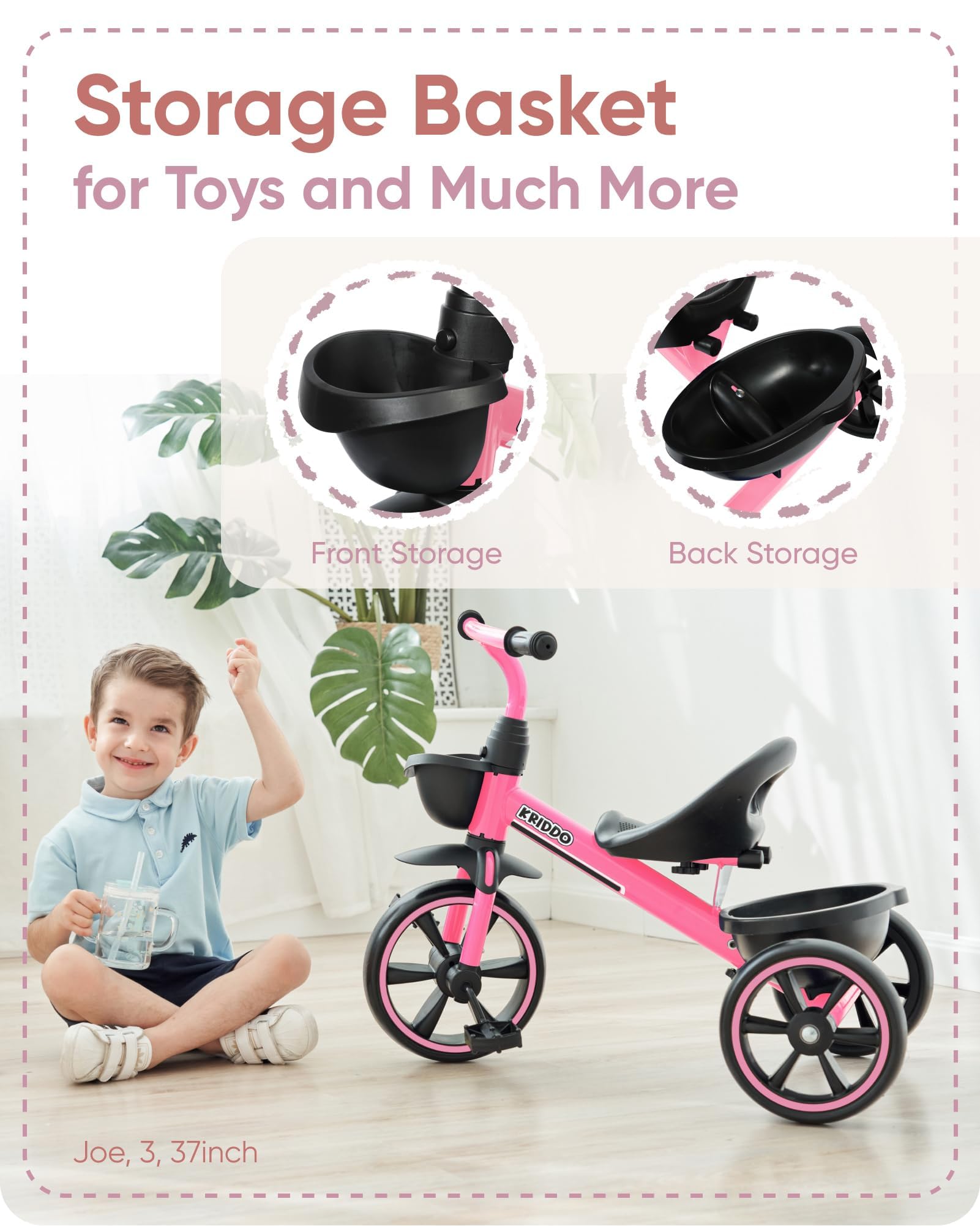 KRIDDO Tricycle for 2-5 Year Olds - Pink Toddler Trike With Gift for 24 Month to 4 Year Old Girls