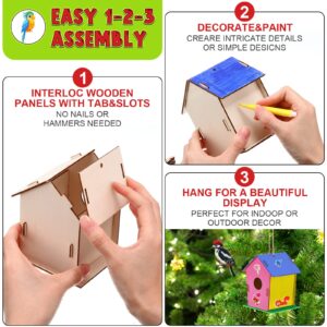 107 Pcs Wooden Birdhouse DIY Kits, Includes 21 Unfinished Wood Mini Bird House 24 Watercolor Pen 50 Bird Butterfly Flower Slices 12 Cute Animal Stickers for Kids Adults DIY Craft Making Supplies