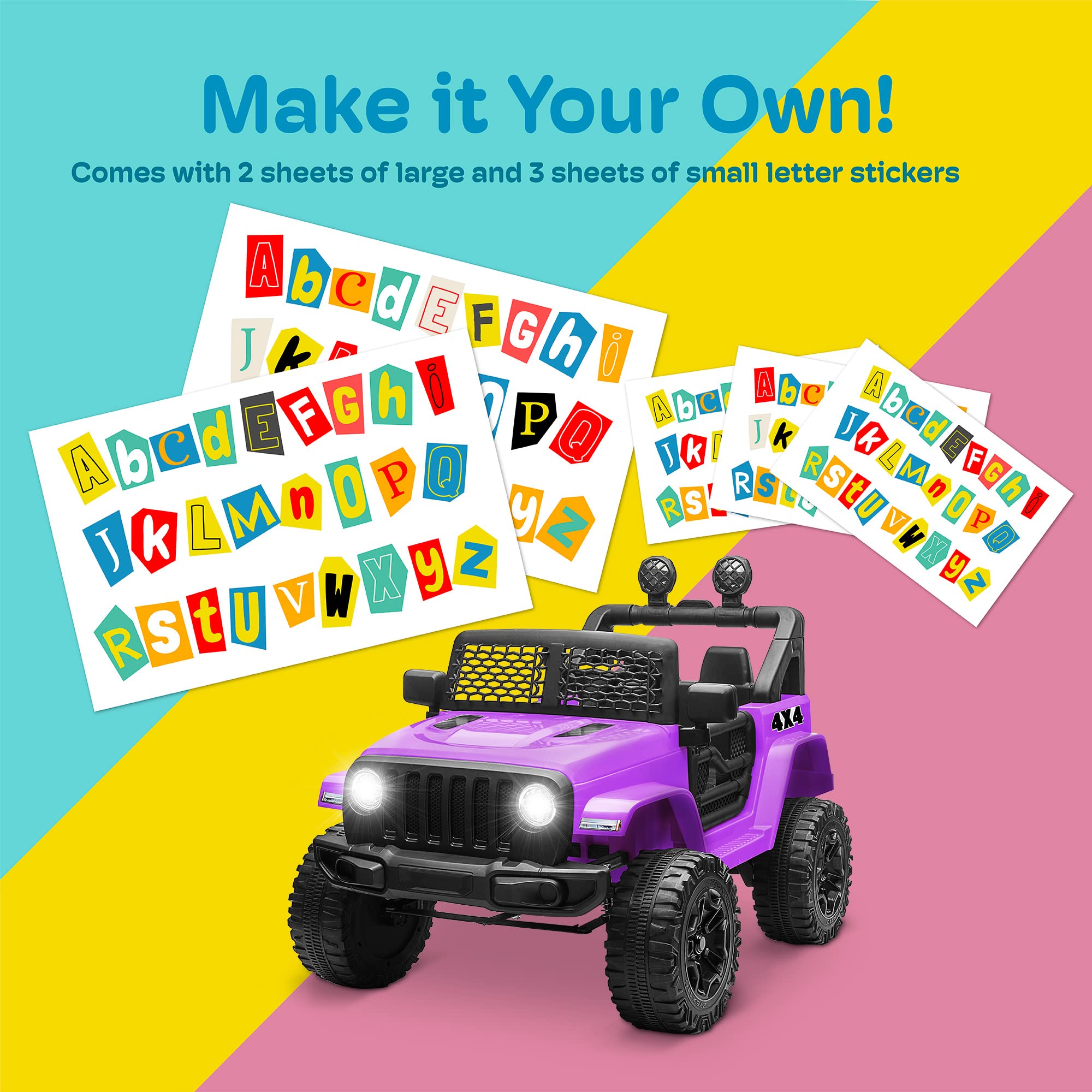 Kidzone Ride On Truck 12V Battery Powered Electric Kids Car Vehicle Toy with DIY License Plate, 4 Wheeler Quad, Parent Remote Control, MP3, High Low Speeds, LED Lights - Purple