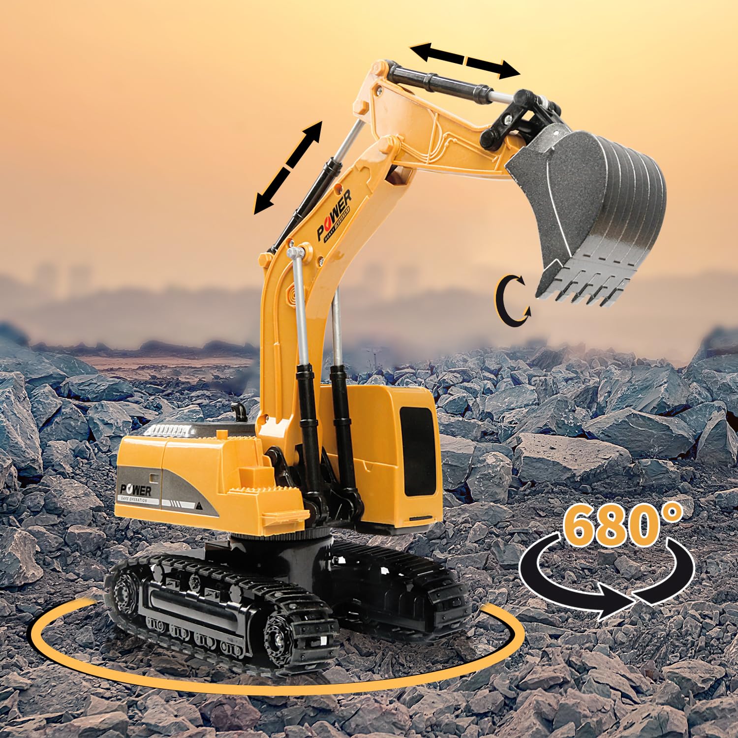 ID Gerilla Remote Control Excavator Toy, RC Construction - Metal Shovel Digger Vehicles with Lights Sounds and 680° Rotation Digging Sand, Christmas Birthday Present for Aged 3 4 5 6-10 + Year Old