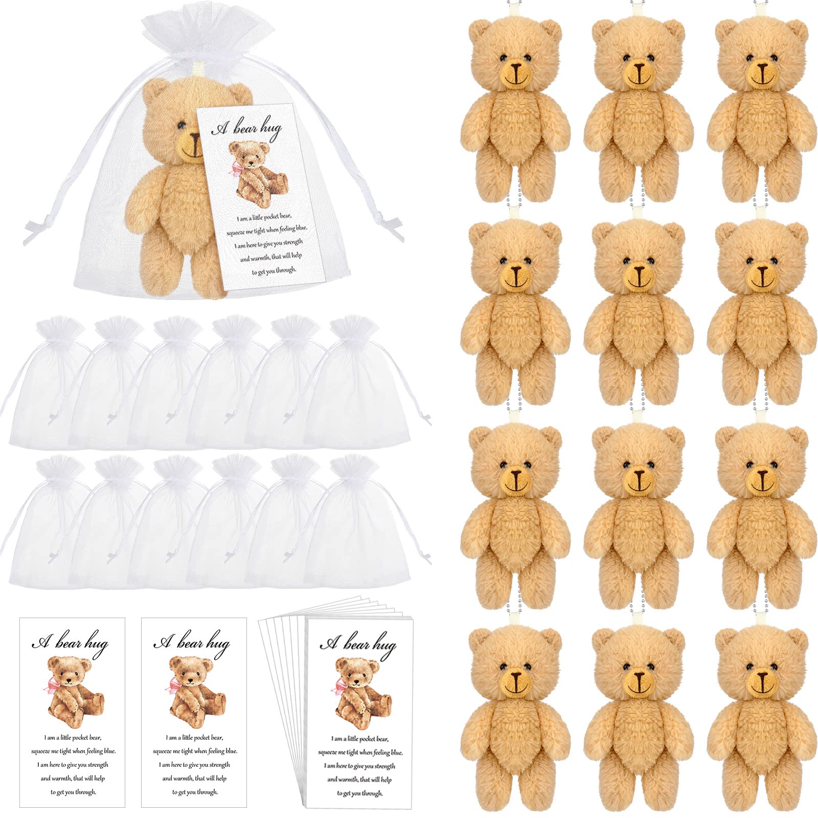 Zhanmai Set of 12 Mini Plush Bears Gift Little Pocket Bear Inspirational Bear Hug Gift Card Organza Bags for Party Favors Stocking Suffers for Class