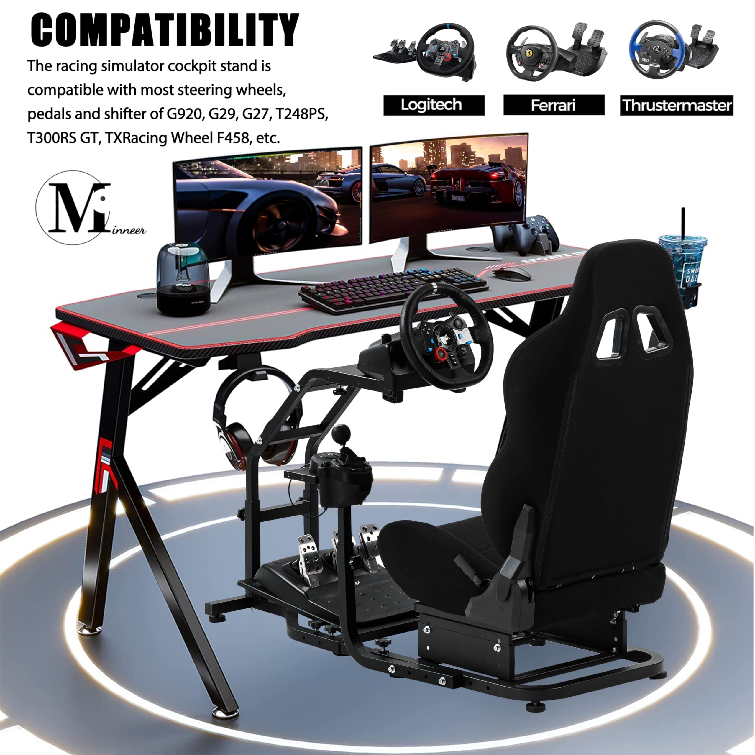 Minneer Ladder Type Driving Simulator Cockpit Match Seat Fits for Logitech/Thrustmaster/Fanatec/Moza/PXN G25/G27/G29/G920/G923/T300/T248/TX Racing Sim Mount(Seat, Wheel, Pedal, Handbrake Not Included)