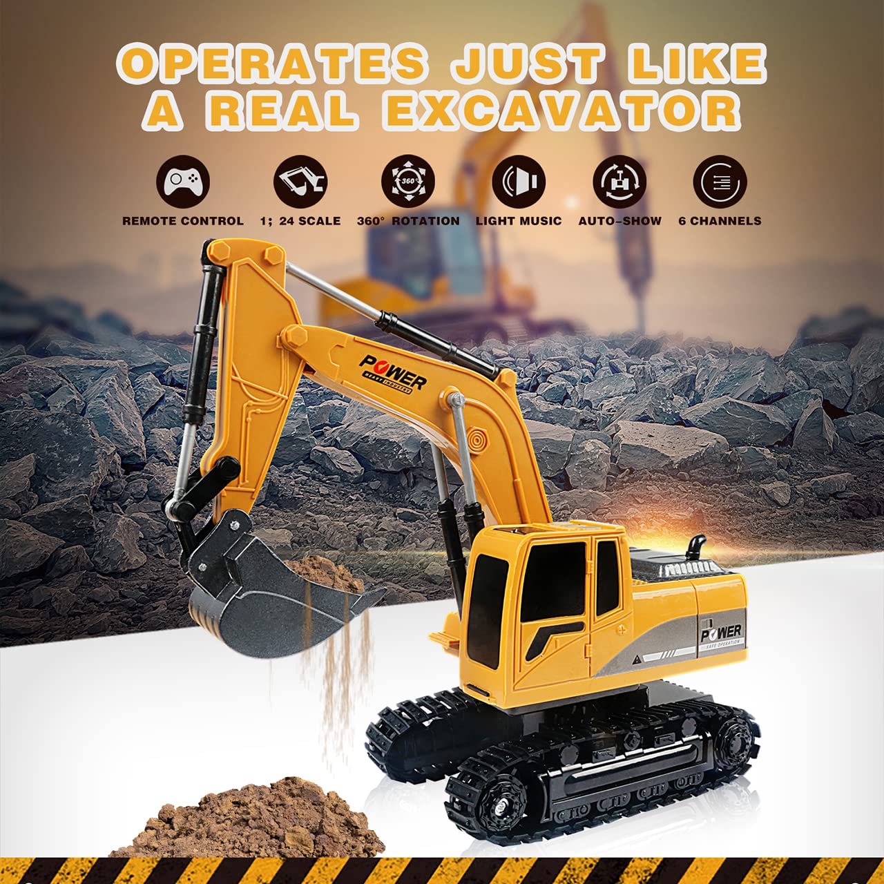 ID Gerilla Remote Control Excavator Toy, RC Construction - Metal Shovel Digger Vehicles with Lights Sounds and 680° Rotation Digging Sand, Christmas Birthday Present for Aged 3 4 5 6-10 + Year Old