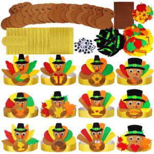 Winlyn 24 Sets Thanksgiving Turkey Headbands Fall Thanksgiving Craft Kits DIY Turkey Hats with Fall Leaf Pumpkin Turkey Feather Foam Stickers Googly Eyes Art Sets for Kids Party Classroom Activities