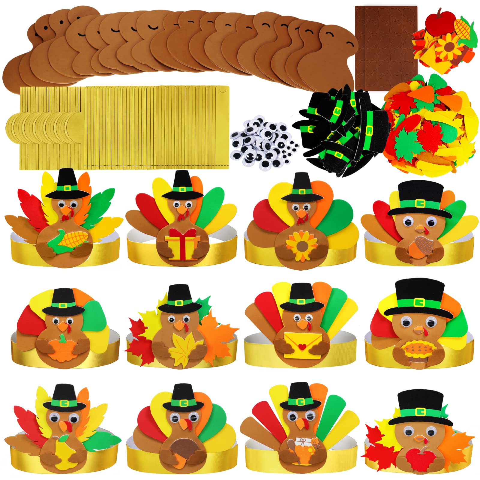 Winlyn 24 Sets Thanksgiving Turkey Headbands Fall Thanksgiving Craft Kits DIY Turkey Hats with Fall Leaf Pumpkin Turkey Feather Foam Stickers Googly Eyes Art Sets for Kids Party Classroom Activities