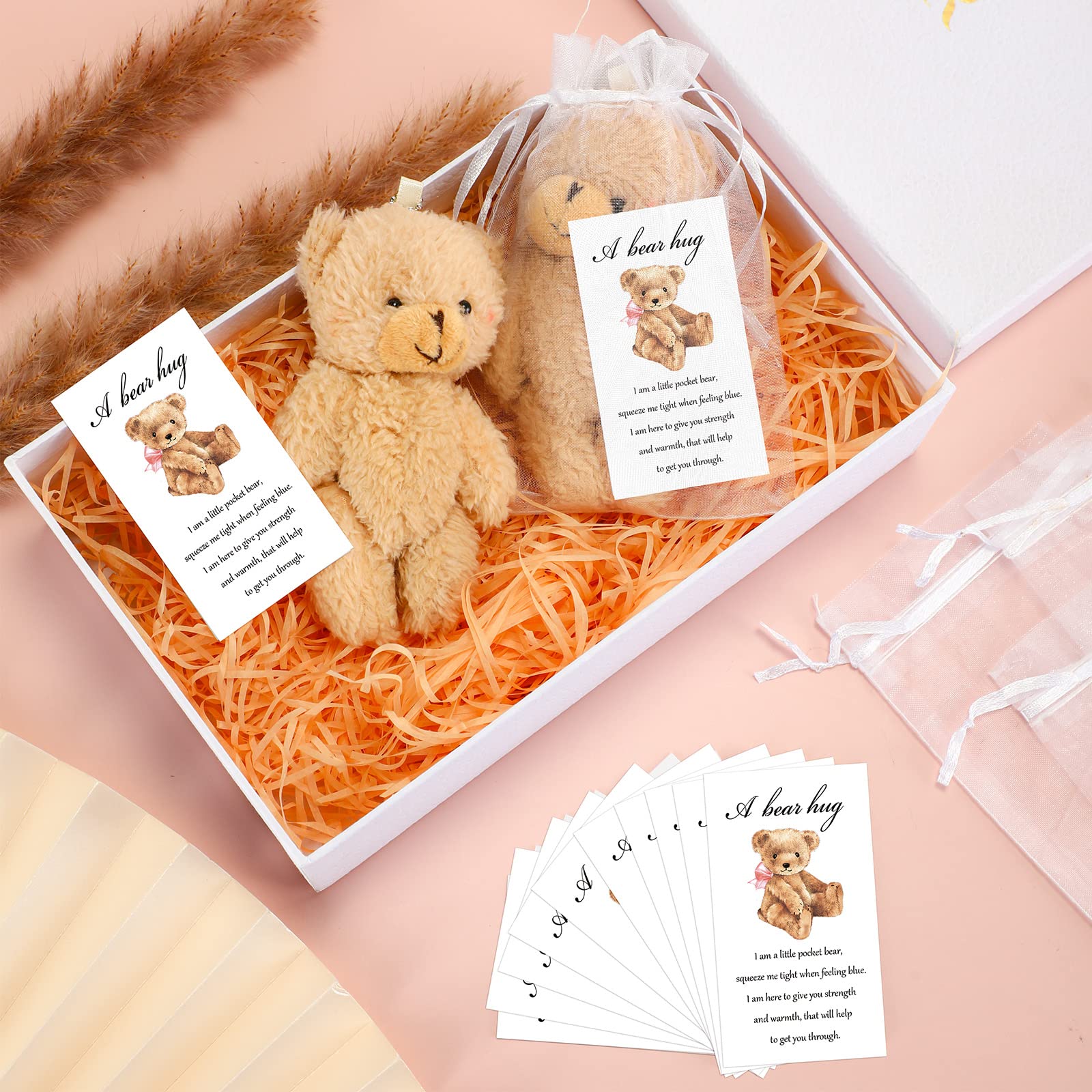 Zhanmai Set of 12 Mini Plush Bears Gift Little Pocket Bear Inspirational Bear Hug Gift Card Organza Bags for Party Favors Stocking Suffers for Class