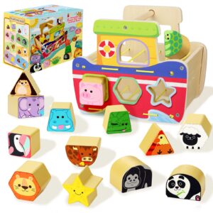 cheffun wooden shape sorting cube - special edition of shape sorting toys with 16 colorful animals blocks in 8 shape, excellent preschool learning activities, shape sorter toys for toddlers ages 3+