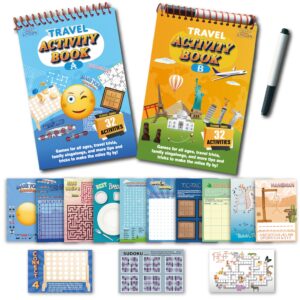 grandlmoon 2 pack reusable 32 activity game mats pads with dry erase marker as travel toy & learning tool for ages 6-12 (9”x 6”)