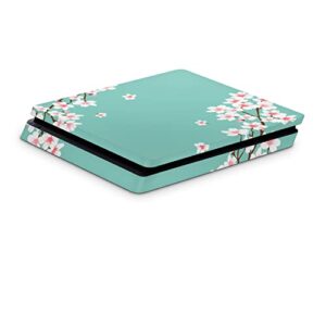 ZOOMHITSKINS Compatible with PS 4 Slim, Aqua Sakura Japan Cherry Blossom Mint Green Flowers, Durable & Fit, Easy to Install, 3M Vinyl, Made in The USA