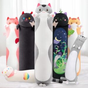 mewaii long cat plush body pillow, 28” cute cat stuffed animals soft plushies, kitten plush throw pillow doll toy gift for girlfriend