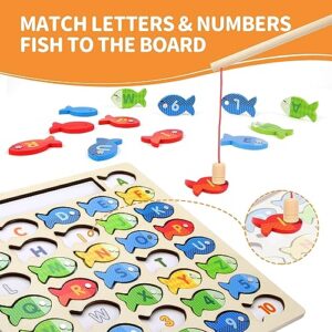 Diaodey Wooden Magnetic Fishing Game for Toddlers, Montessori Fine Motor Skills Toy with Letters and Numbers, Preschool Learning ABC and Puzzle Birthday Toys Gift for 3 4 5+ Year Old Kids(2 Poles)