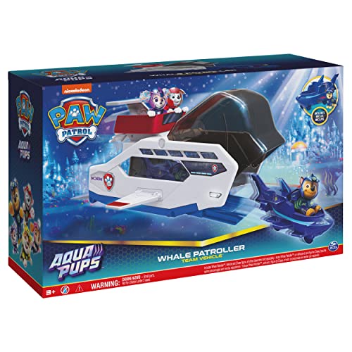 Paw Patrol Aqua Pups Whale Patroller Team Vehicle with Chase Action Figure, Toy Car and Vehicle Launcher, Kids Toys for Ages 3 and up