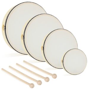 dajave 4 pack hand drums with drum stick 4inch 6 inch 8 inch 10 inch, percussion wood frame drum with 4 sticks, musical instruments for drums beginners for home school party supplies