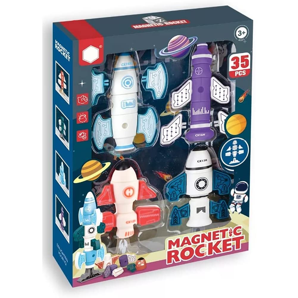 Liberty Imports 33PCS Magnetic Rocket Ship Building Set, Stacking Blocks Model Toy for Kids, DIY Construction Learning Space Mix, and Stem Magnets Activity Set Puzzle Playset