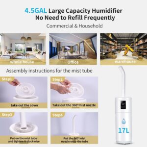 Humidifiers for Large Room Home Bedroom 2000 sq.ft. 17L/4.5Gal Large Humidifier with Extension Tube & 4 Speed Mist,Top Fill Wholehouse Humidifier with 360°Nozzle for Plant Office Commercial Greenhouse