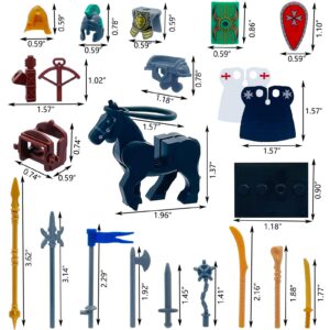 SAIBURAZ Medieval Knight Weapons Pack Accessories Set with 4 War Horse Building Block Toy Armor Helmet Shield Bow Arrow Pike Designed for Mini Figures Gift for Kids Boys Girls Building Kits