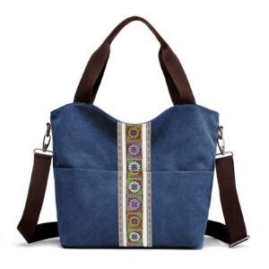 SILKAREA Women's Vintage Embroidery Hobo Bags Canvas Large Tote Handbag Shoulder Bag Purse Multi Pocket Top Handle Shopper (Navy Blue)