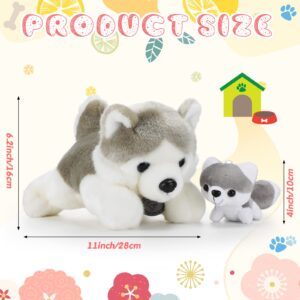 HyDren Christmas Husky Stuffed Animals with 4 Baby Huskies Cute Dog Plush Set Kawaii Husky Soft Pillow Dolls for Girls Birthday Wedding Anniversary Presents Home Sofa Decor, 11 Inch, 4 Inch