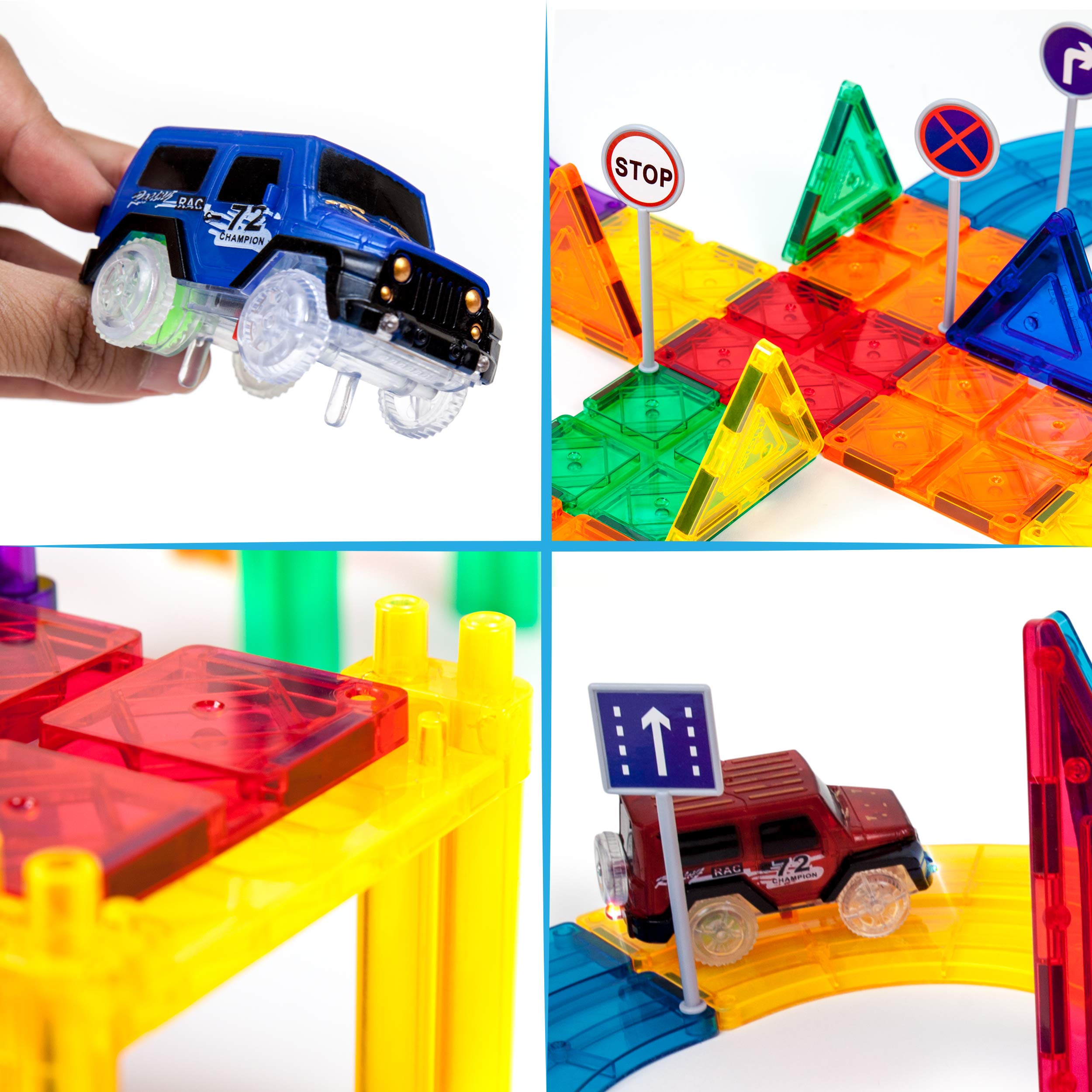 PicassoTiles 80 Piece Race Car Track + Ideabook with Over 150+ Ideas, Magnet DIY Playset 2 Light Up Car STEM Learning Kit Hand-Eye Coordination Fine Motor Skill Training, Unique Innovative Creations