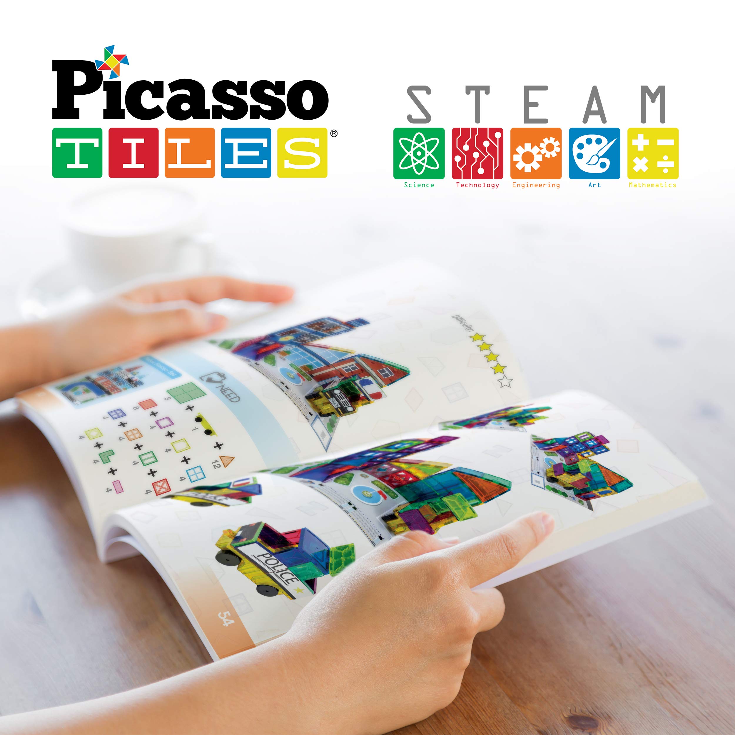 PicassoTiles 50 Piece Race Car Track + Ideabook with Over 150+ Ideas, Magnet DIY Playset 2 Light Up Car STEM Learning Kit Hand-Eye Coordination Fine Motor Skill Training, Unique Innovative Creations