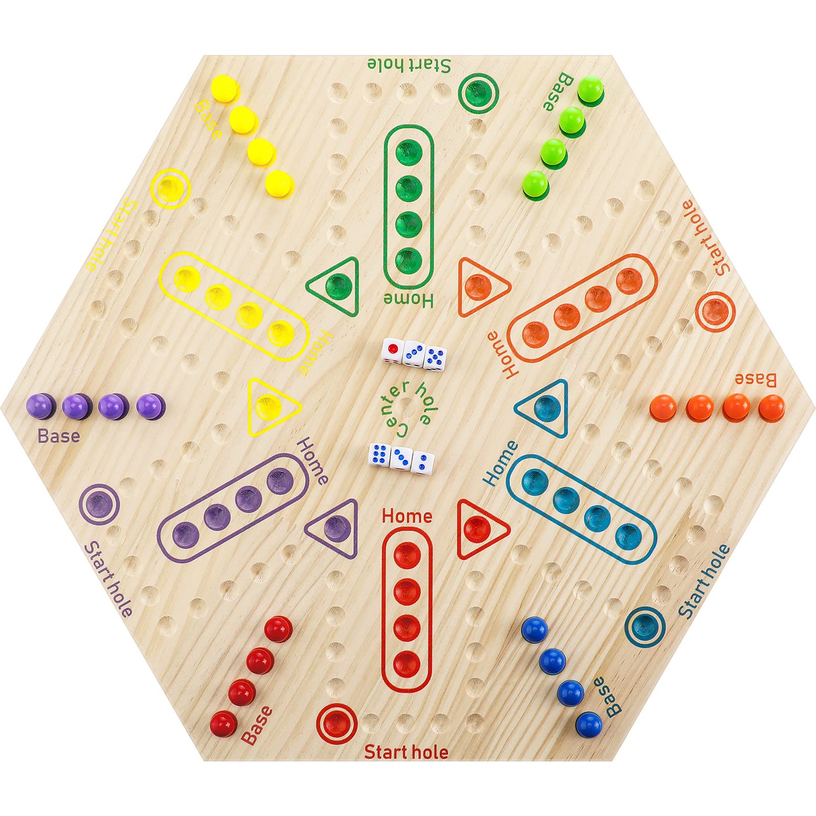 Kathfly Marble Board Game Wooden Wahoo Board Game Double Side Painted Board Game with 6 Colors 36 Marbles 6 Dice for Adults Family Night Game, 6 and 4 Player (Hexagonal)