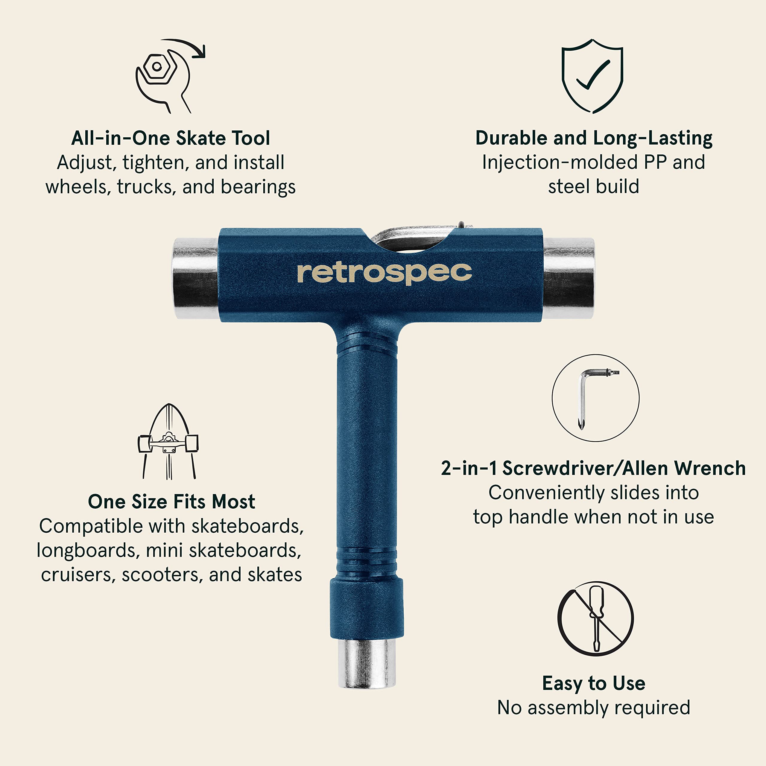 Retrospec Upkeep All-in-One Multi-Function Portable Skate Tool with 2-in-1 Allen Wrench & Phillips Head Screwdriver for Adjusting & Tightening Skateboard/Longboard Wheels, Trucks, and Kingpins, Navy